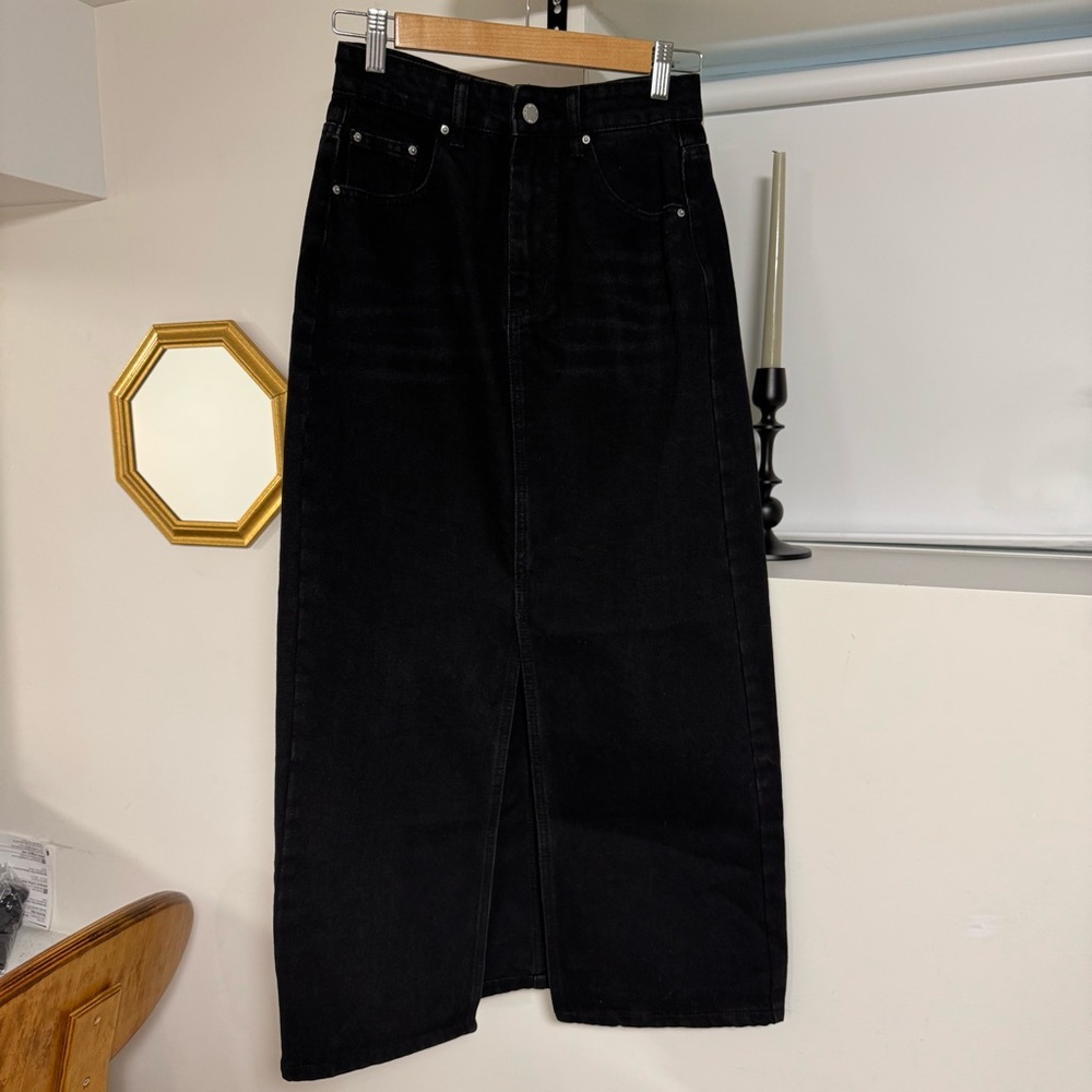 Black Denim Maxi Skirt with Split Detailing